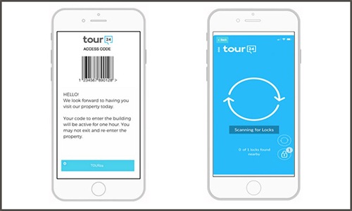 Two animated phones for tour24 app showing access code and lock search feature
